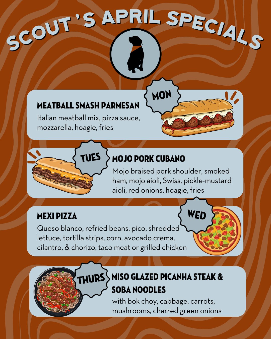 Have you tried our April specials yet?⁠ There are just a few days left to taste this lineup. From the saucy Meatball Smash to miso-glazed picanha steak with soba noodles you won't wanna miss these bites!