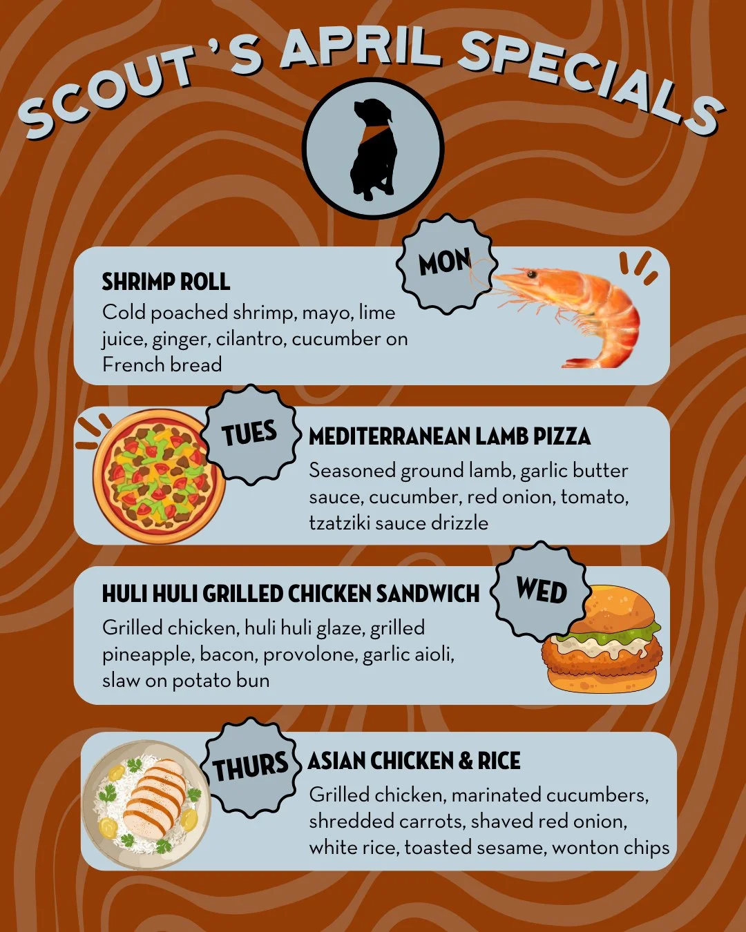 A new month means new daily specials at Scout's Pub! Stop in and explore our latest offerings. Available all day Monday - Thursday.