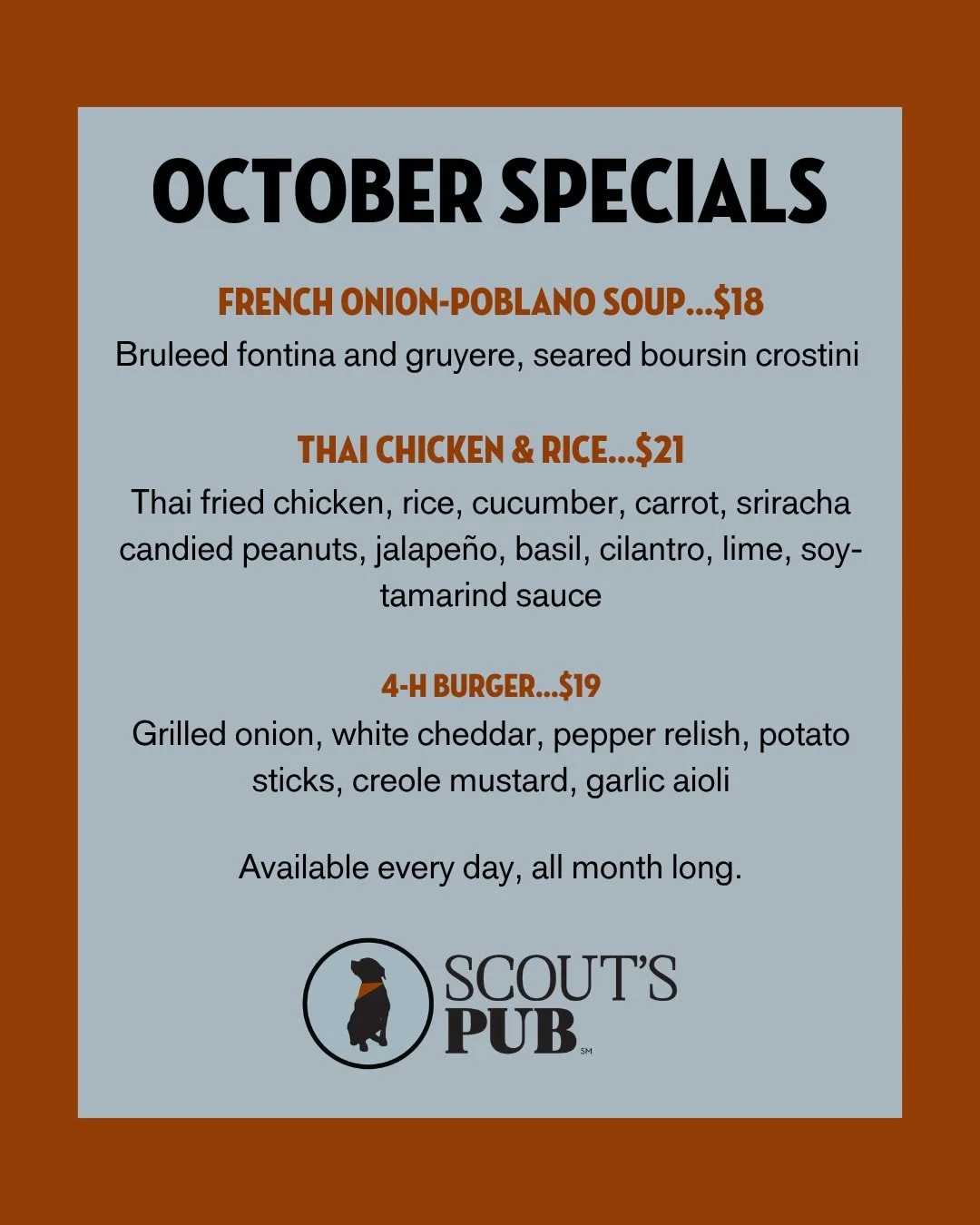 A new month calls for a few new specials. 🍂

In celebration of Harvest Jubilee, we&rsquo;re serving up three October features: French Onion-Poblano Soup, Thai Chicken &amp; Rice and our 4-H Burger.

The 4-H Burger is made with beef raised by a Willi
