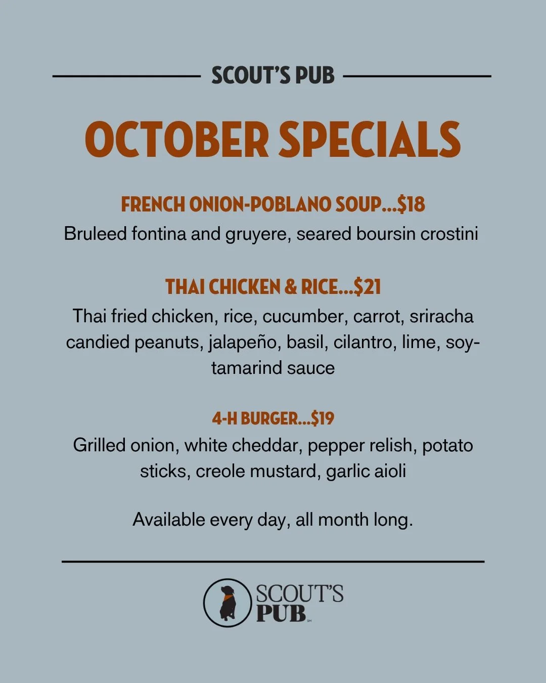 Still haven&rsquo;t tried our October specials? There&rsquo;s time. 🍂

Our Harvest Jubilee lineup is sticking around through the end of the month, including the French Onion-Poblano Soup, Thai Chicken &amp; Rice and 4-H Burger. The 4-H Burger is ext