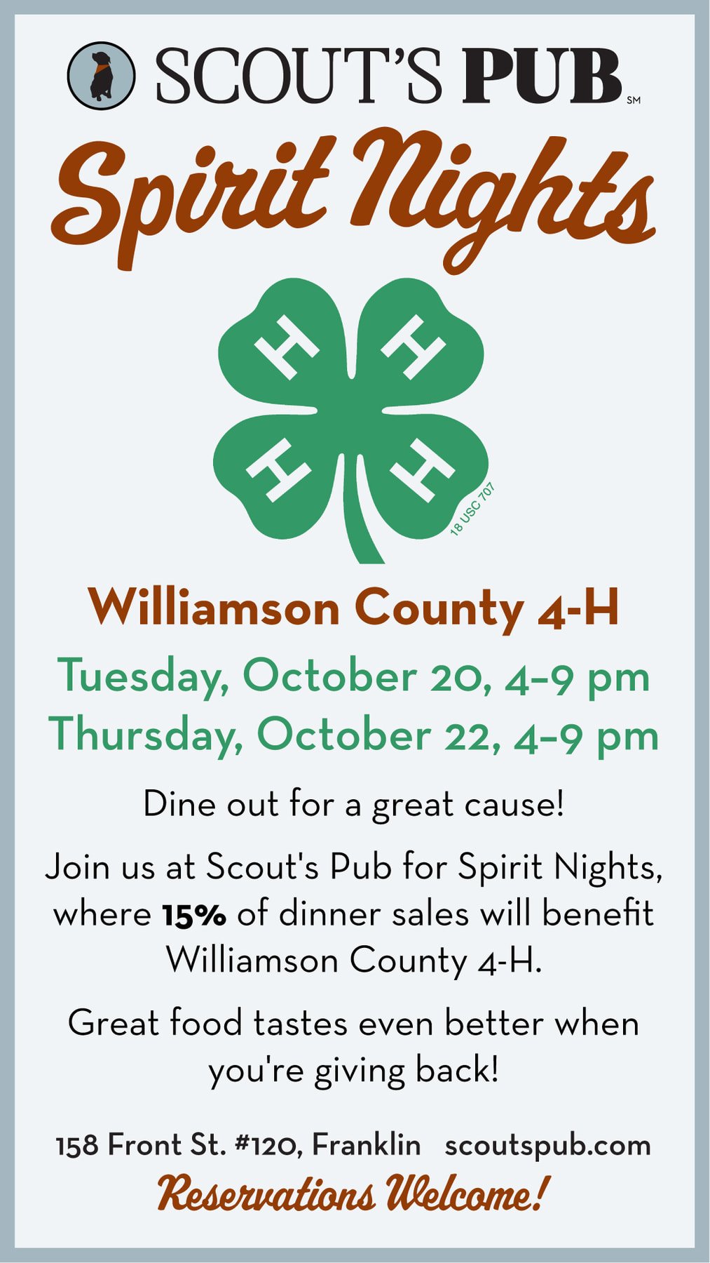 Dine out for a great cause! 🍀

This week we&rsquo;re hosting two Spirit Nights with Williamson County 4-H. Join us Tuesday, October 20, and Thursday, October 22, from 4&ndash;9 pm, and 15% of dinner sales will go to Williamson County 4-H.

Great foo