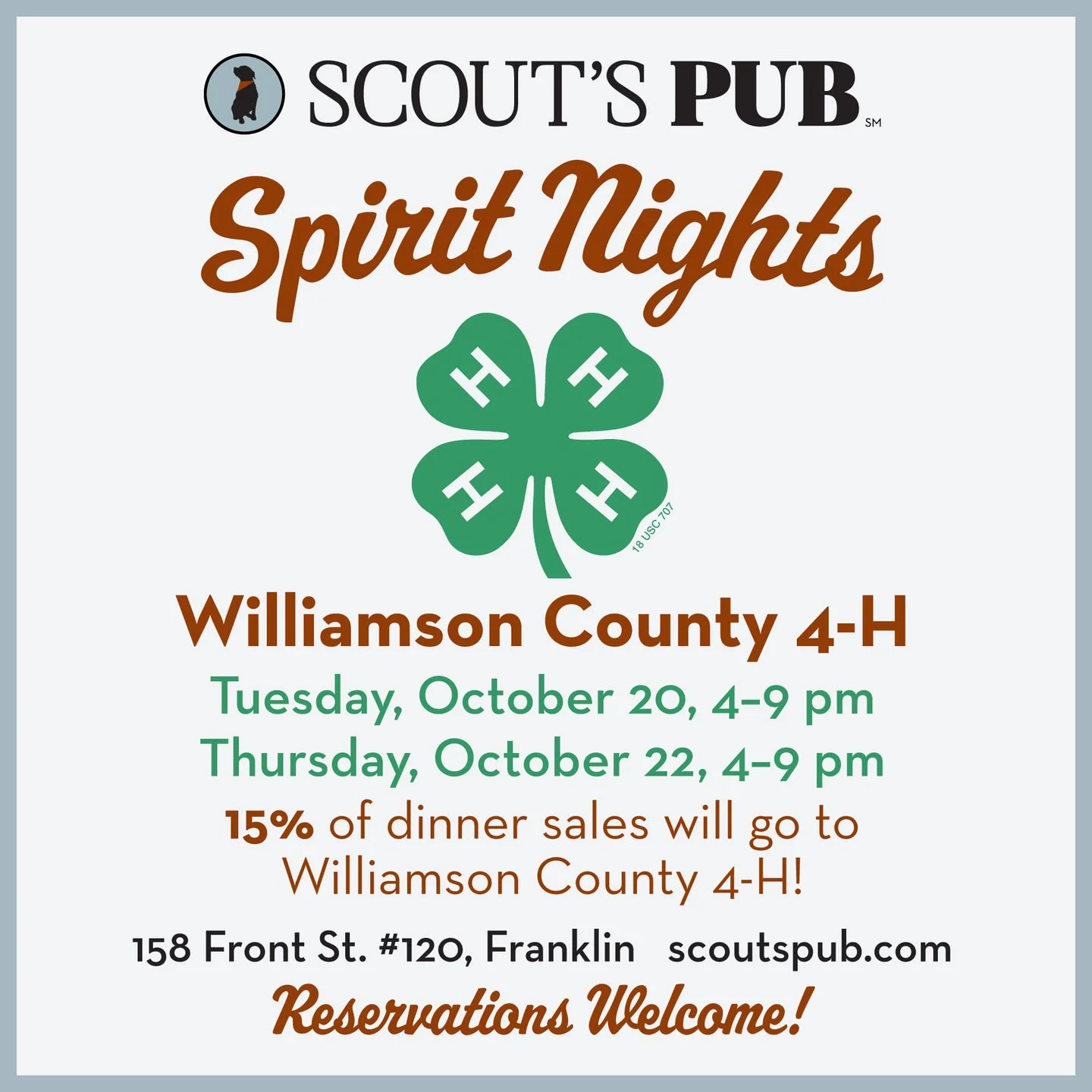 Tonight&rsquo;s the night! 🍀

Our first Spirit Night with Williamson County 4-H is happening today from 4&ndash;9 pm. Come hungry, because 15% of dinner sales will support local 4-H programs.

Can&rsquo;t make it tonight? Join us again Thursday!

📍