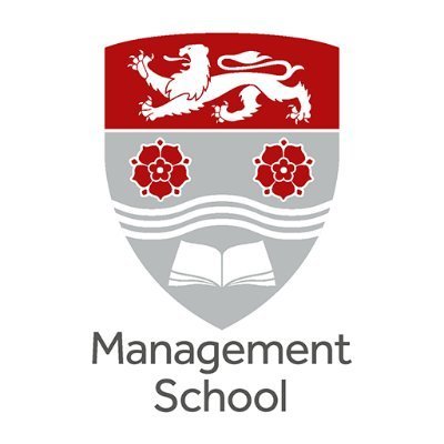 Emblem of a management school featuring a red lion, two red roses, and an open book on a shield.