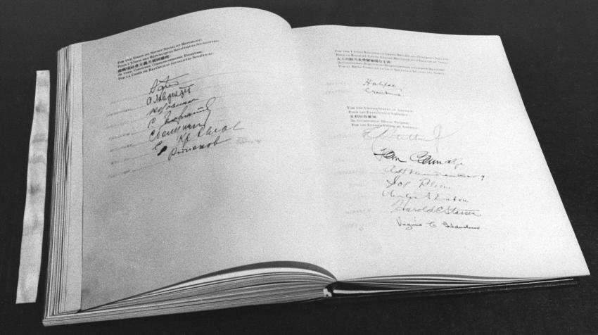  A view of the United Nations Charter Book open on the signatory page, San Francisco, United States, 26 June 1945. UN Photo/Rosenberg 