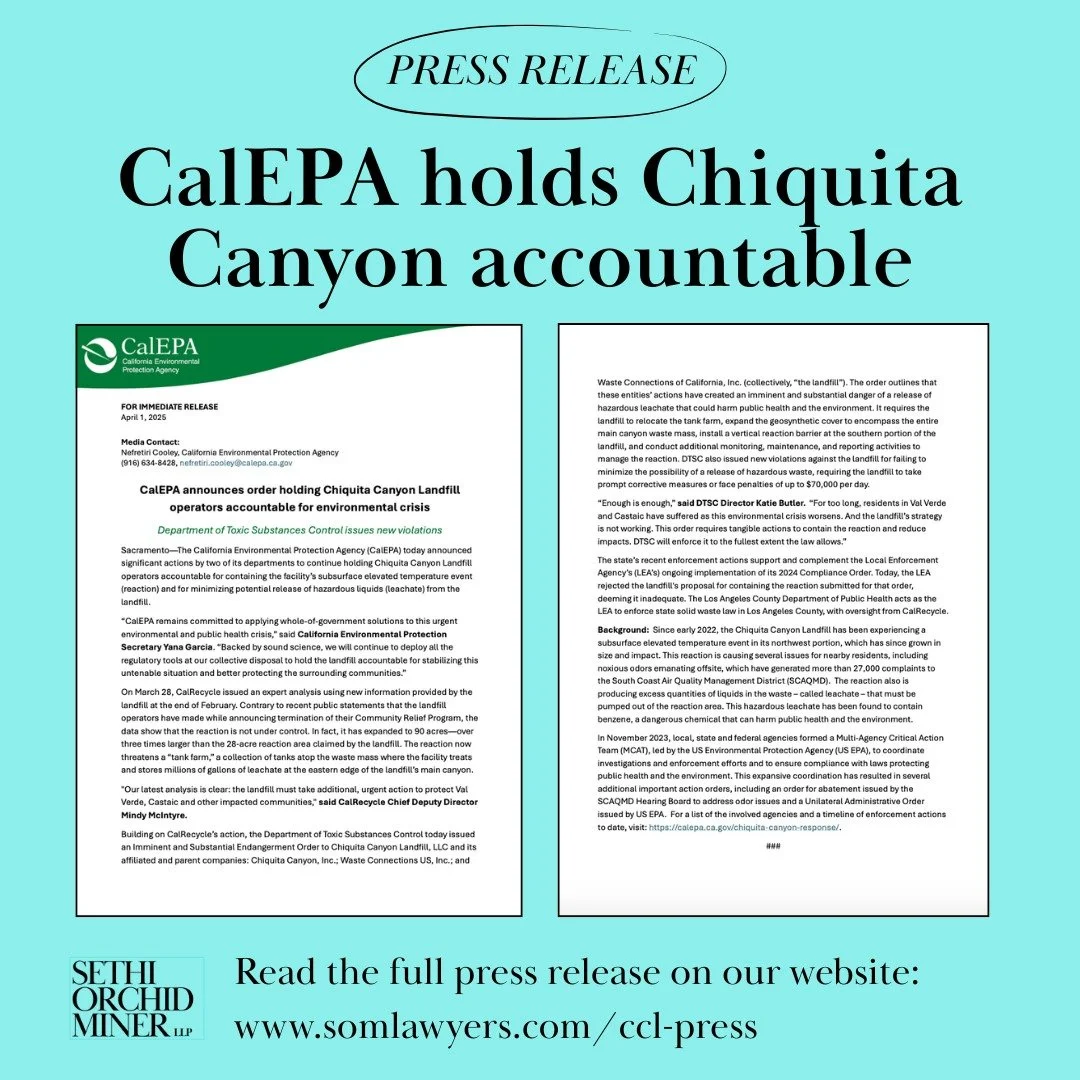 Our advocacy efforts to get more done to protect residents are being noticed. CalEPA is taking more action to hold Chiquita Canyon accountable. Read the full press release by visiting our website, linked in our bio. 

 #calepa #chiquitacanyonlandfill