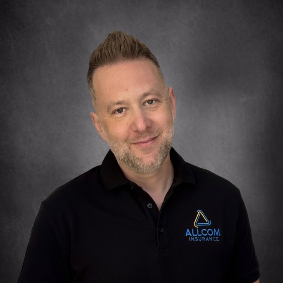 Neon sign logo for Allcom Insurance featuring a stylized triangle with rounded edges and the company name beneath.