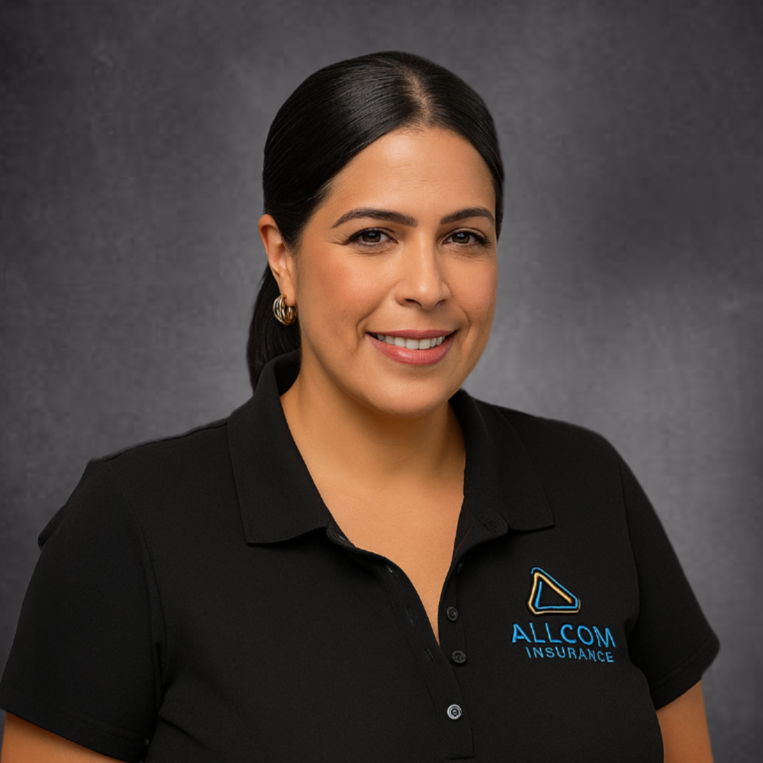 Neon sign of a triangle made of yellow and blue lines with the words "ALLCOM INSURANCE" in blue below it.