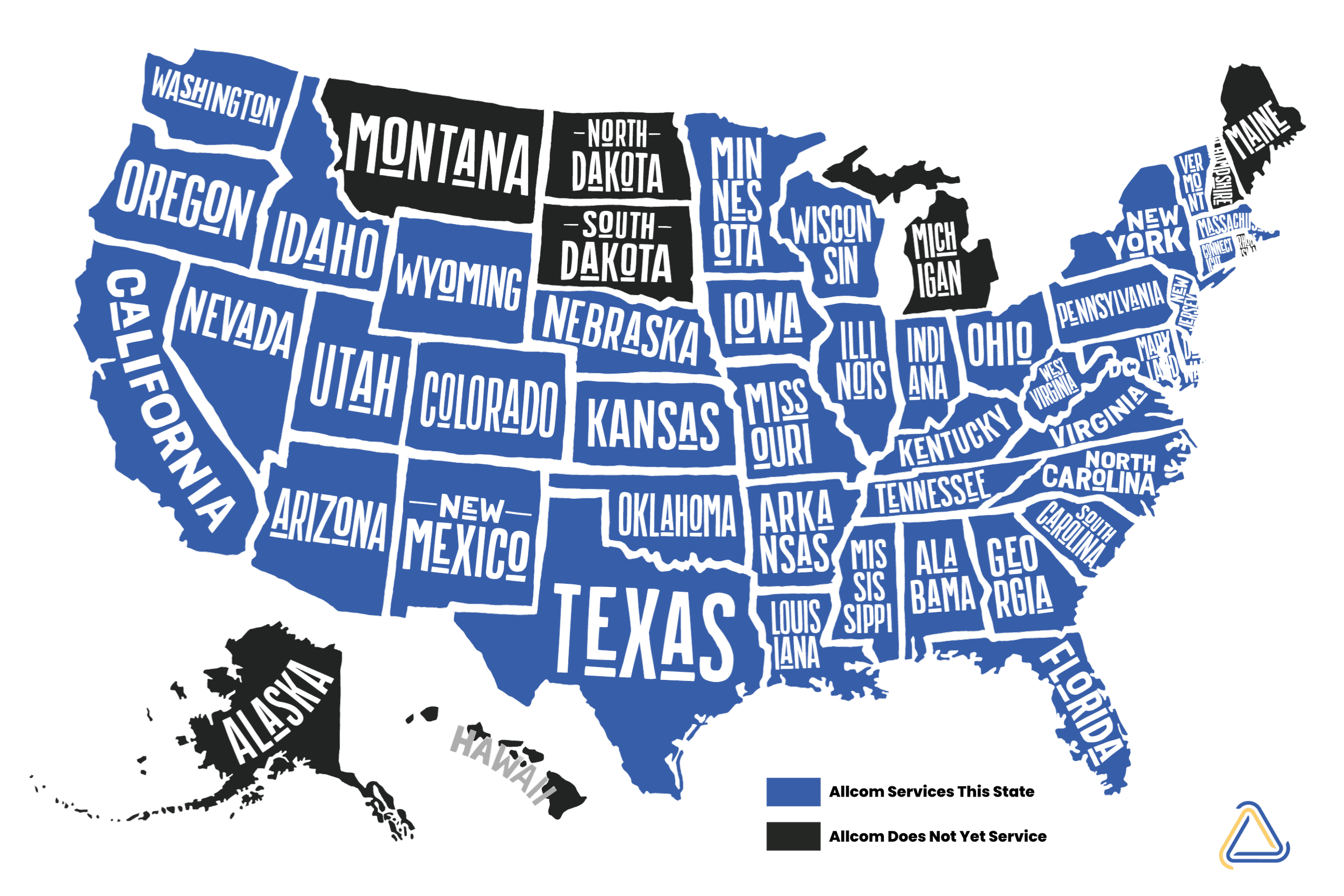 Map of the United States showing each state outlined and labeled with its name, with some states colored in blue and others in black.