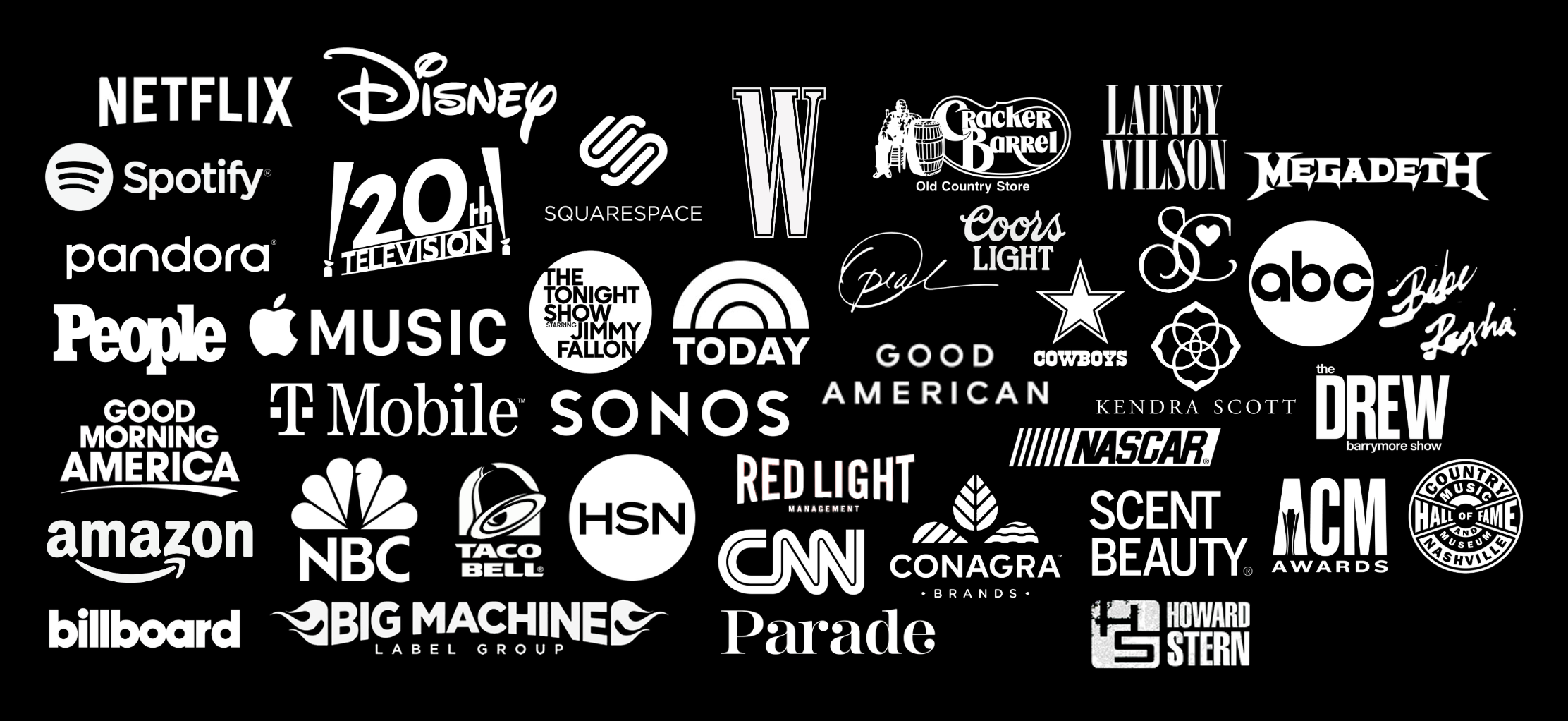 A collage of various logos of NOZ Entertainment clients on a black background, including Netflix, Disney, Spotify, Pandora, People, Apple Music, T-Mobile, NBC, Amazon, Billboard, The Tonight Show, Good Morning America, and others.