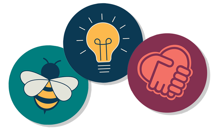 3 circular images in green, blue, and maroon with a bee, lightbulb and hands in each circle