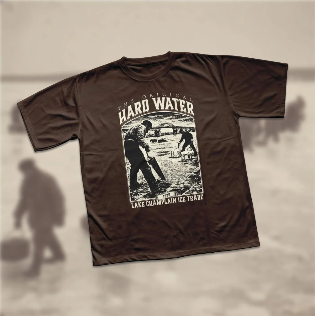 Happy New Year! The February Shirt has arrived, and it pays homage to one of the oldest traditions in Vermont: the Ice Harvest! The design even features the original Lake Champlain Bridge, opened in 1929. Sign up by January 20th to get this limited e