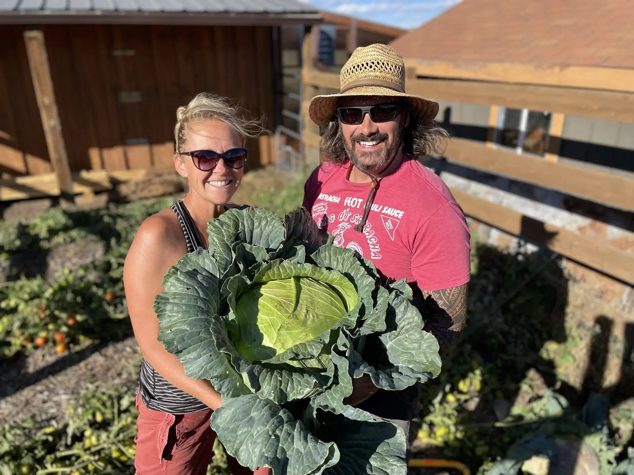 Two smiling people holding a large cabbage in a garden with a wooden fence and a house in the background.