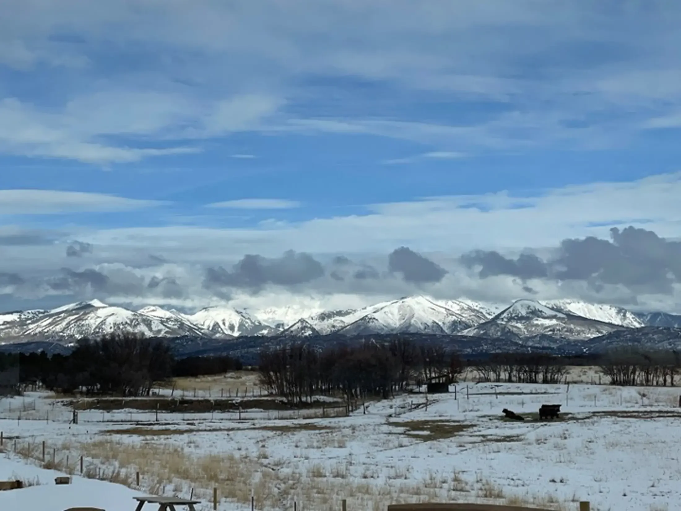 Snow-covered fields with a mountain range in the distance under a cloudy blue sky.