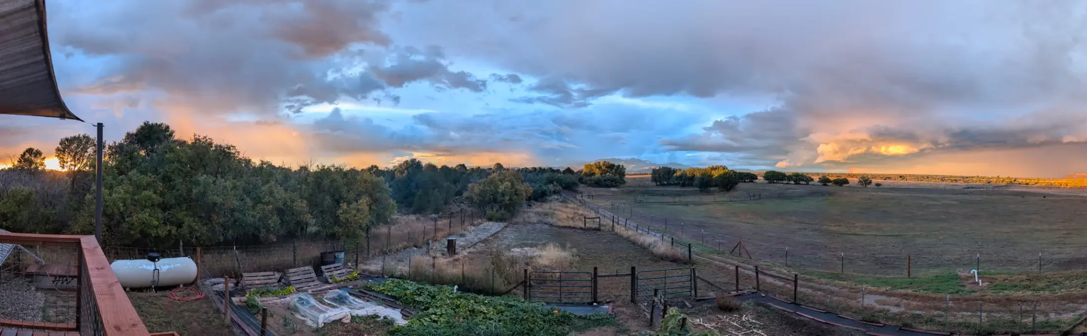 A rural landscape at sunset with a fence along a grassy field, trees in the distance, and a partly cloudy sky with orange and blue hues.