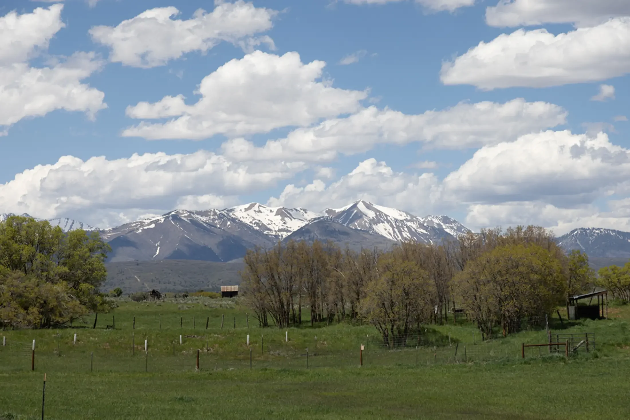Scenic landscape of snow-capped mountains under partly cloudy sky, green fields and trees in foreground.
