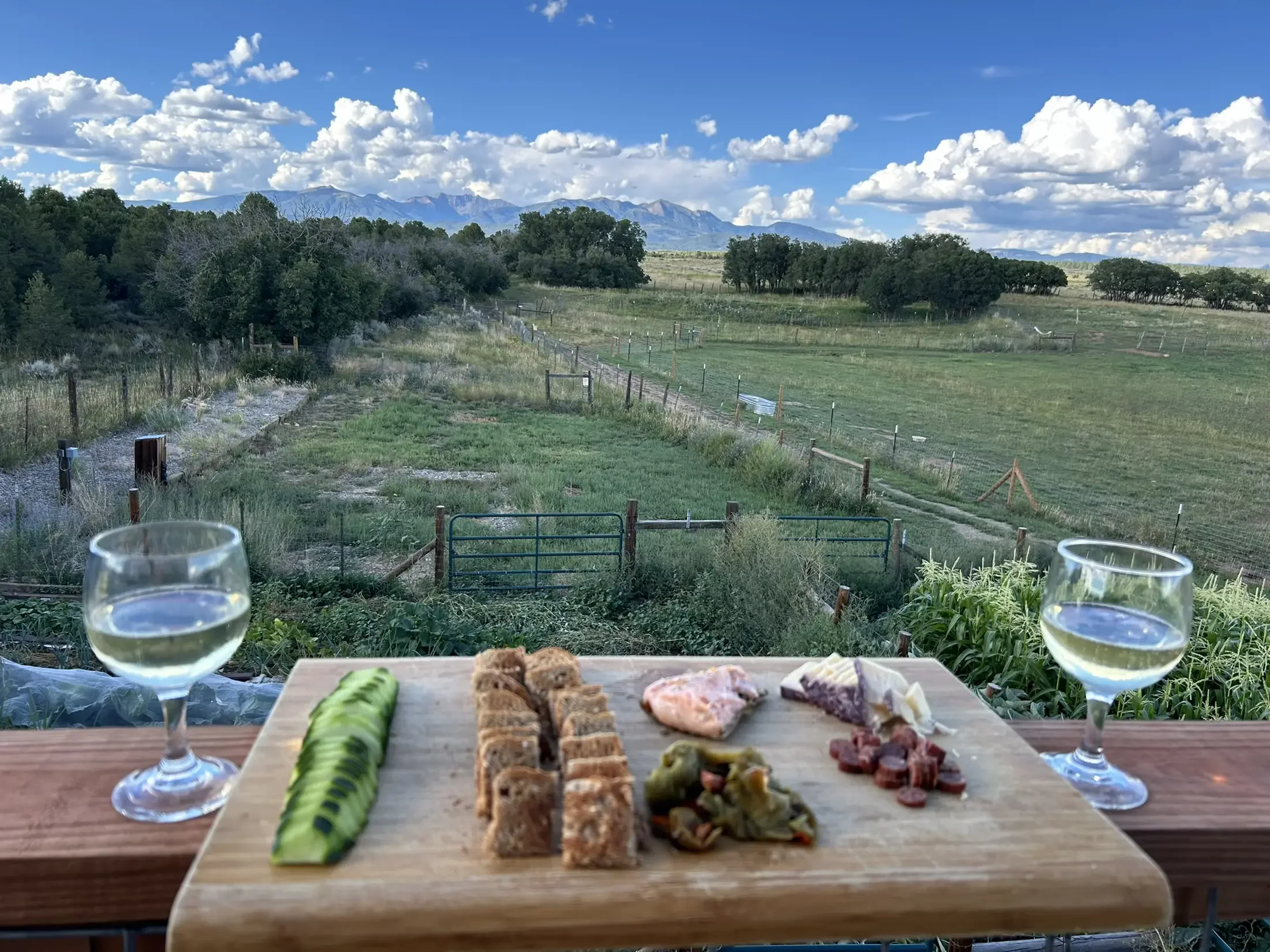 A scenic outdoor dining setup with a wooden table featuring a charcuterie board with sliced meats, vegetables, and crackers, two glasses of white wine, and a view of open fields, trees, mountains, and a partly cloudy sky.