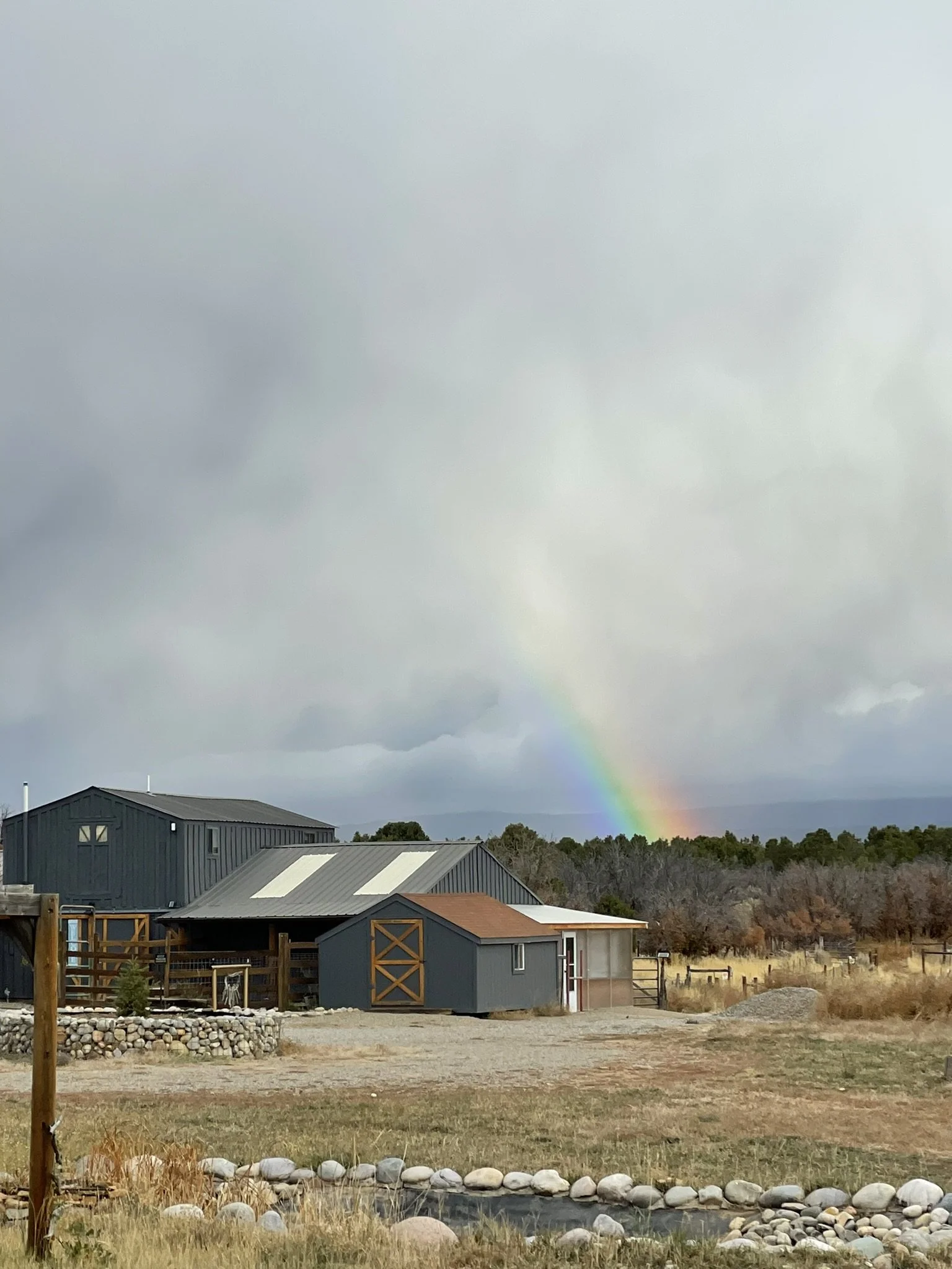 A rainbow appears in a cloudy sky over a rural landscape with houses, trees, and a fenced yard.