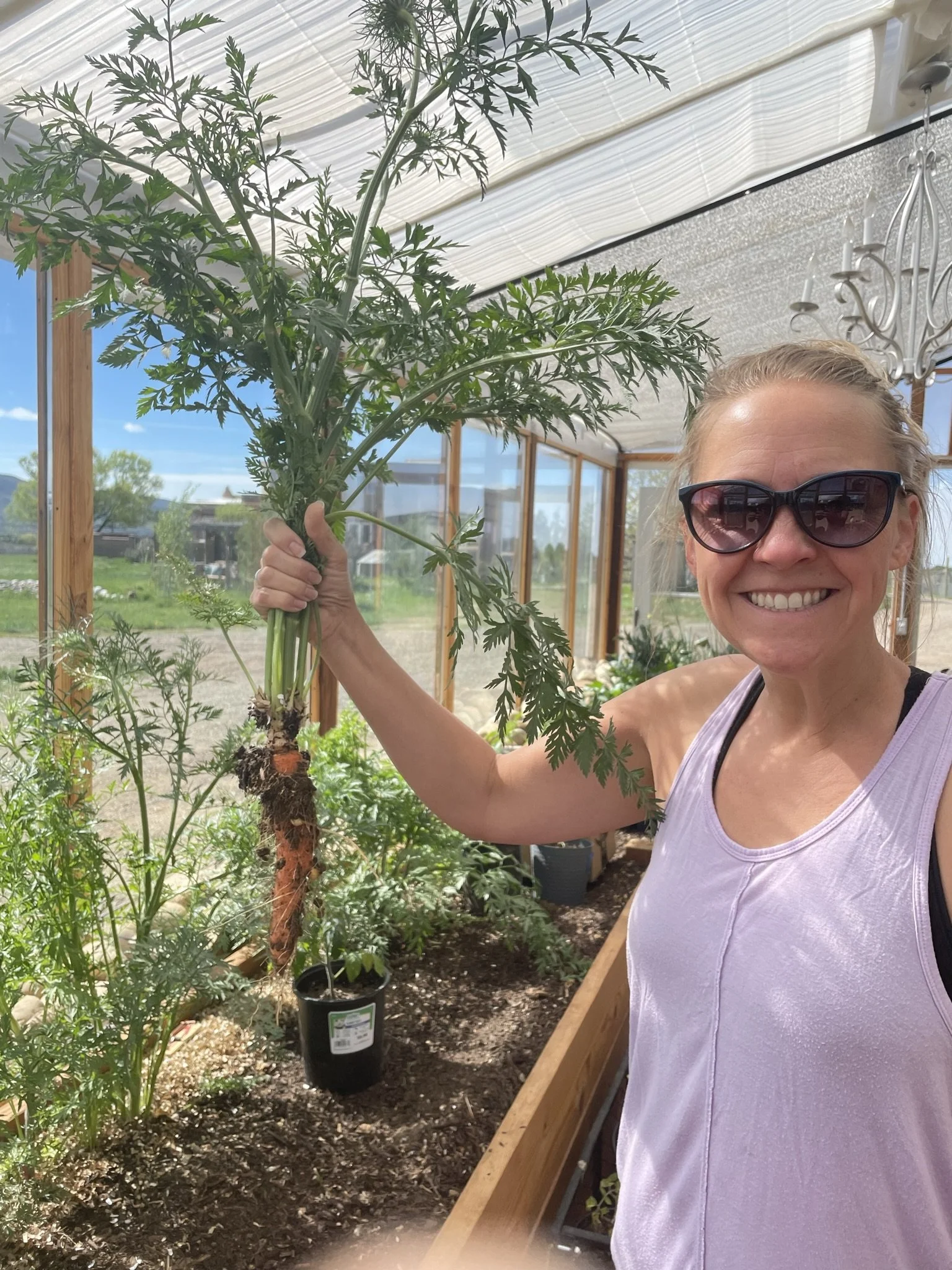 Smiling woman with sunglasses holding a young papaya plant in a greenhouse or garden center with other plants and a wooden planter box.