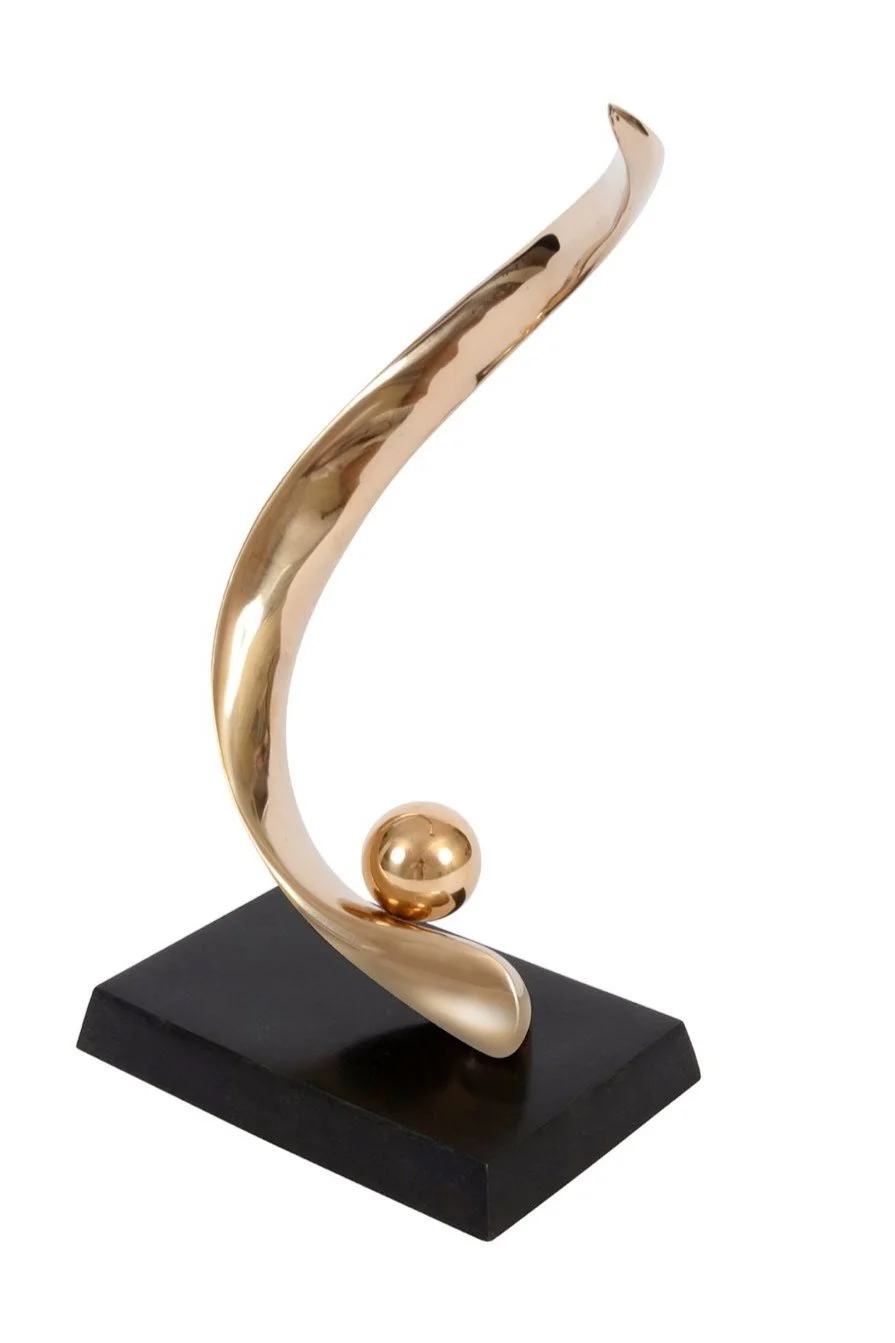 Orb V high polish cast bronze sculpture celestial body swath nebula cradle sphere embrace star rebirth ribbon light reflects balancing curve gestures to universe abstract sandra bell irish artwork