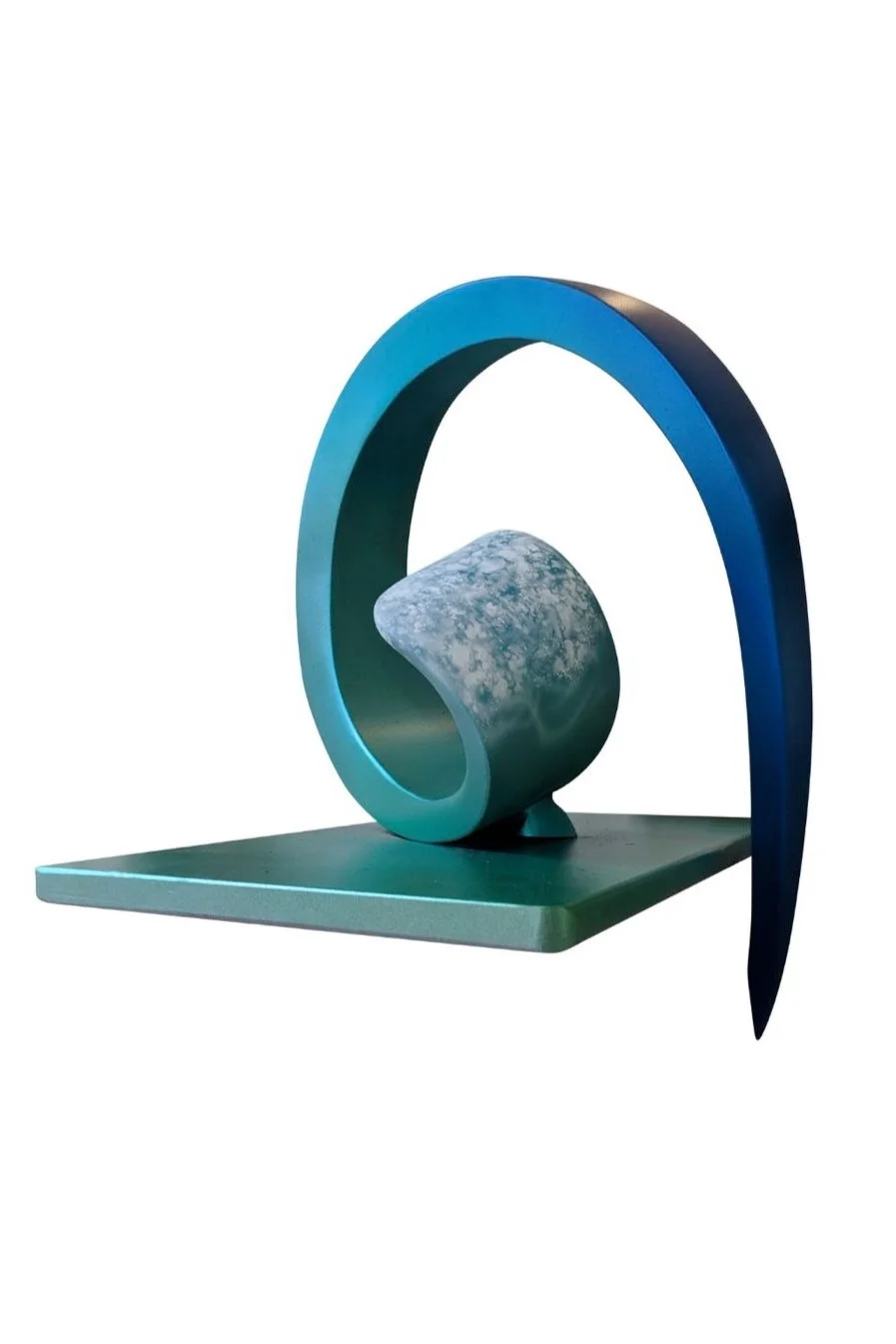 Flux I patinated cast bronze balanced base curl whirls circle drips point suspended frozen waterfall gradient blue turquoise of sea sandra bell abstract meaning flow artwork modern ireland