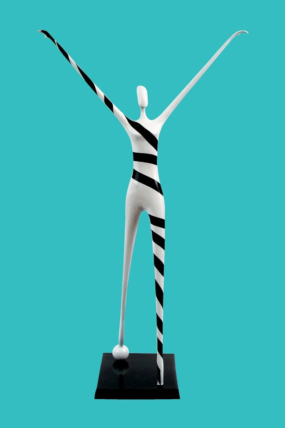 asta painted cast bronze Sandra Bell sculpture stepping on the stars lithe figure exuberance tension light dark eternal natural black white stripes sphere mother universe traverse stars modern art