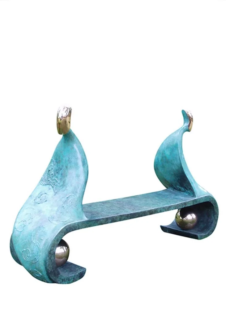 Lovers seat sculpture sandra bell irish cast bronze courting lovers chaperoned bench invites couples sea green traditions ireland heritage celtic christian tradition modern art fabricated metal