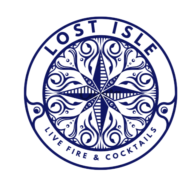 Logo with the text 'Lost Isle' at the top and 'Live Fire & Cocktails' at the bottom, featuring a stylized palm tree design in the center surrounded by decorative swirls.