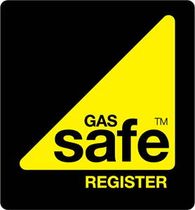 Yellow warning label with black triangle, the words "GAS SAFE REGISTER" in black text.