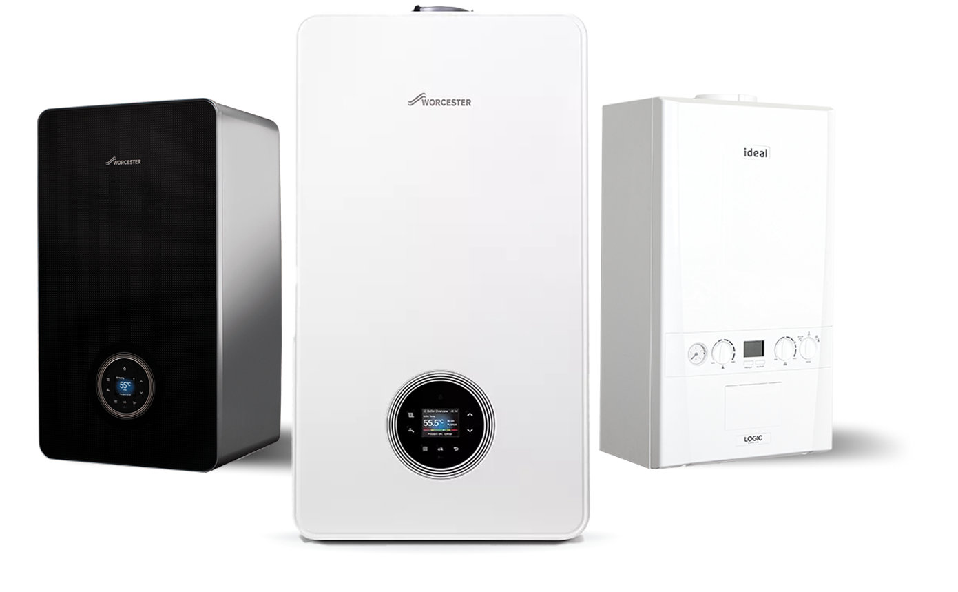 Three different modern boilers or water heater units displayed side by side, with varying colors and control panels.