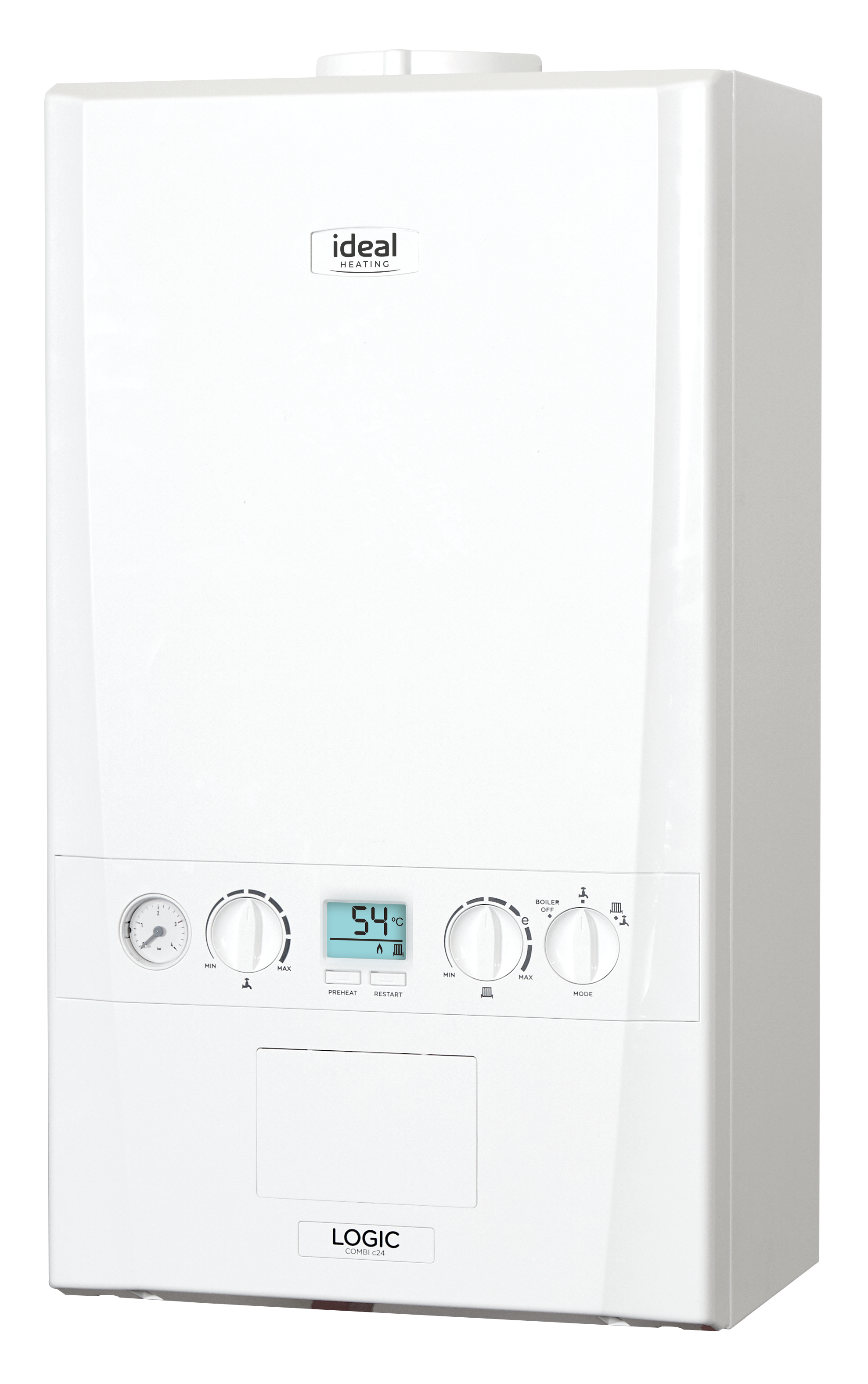 White boiler with control panel showing 54°C temperature, digital display, and various dials and settings.