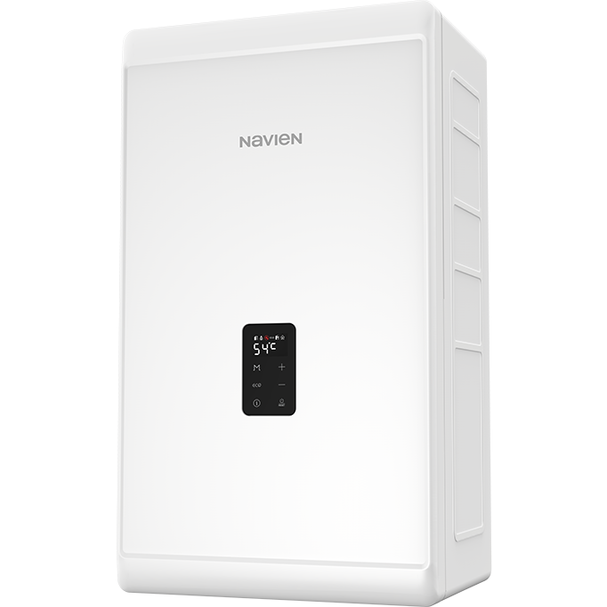 A white Navien tankless water heater with a digital display showing 54°C.
