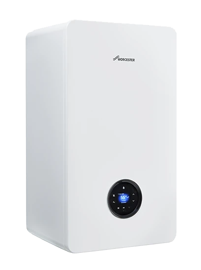 White Worcester boiler with digital display showing 55 degrees.