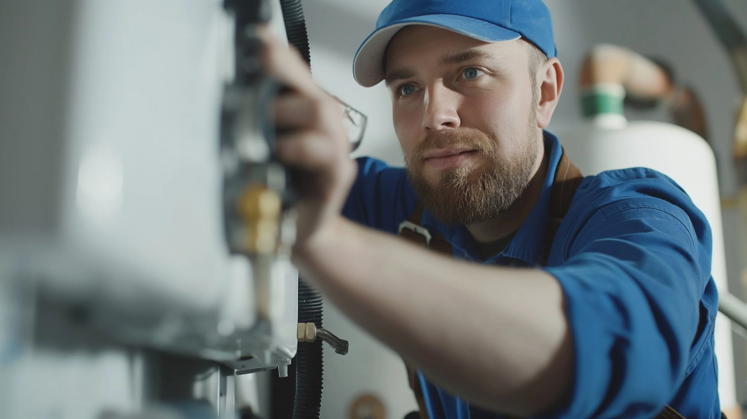 A man with a beard and blue eyes wearing a blue cap and work uniform is adjusting a valve on industrial equipment.