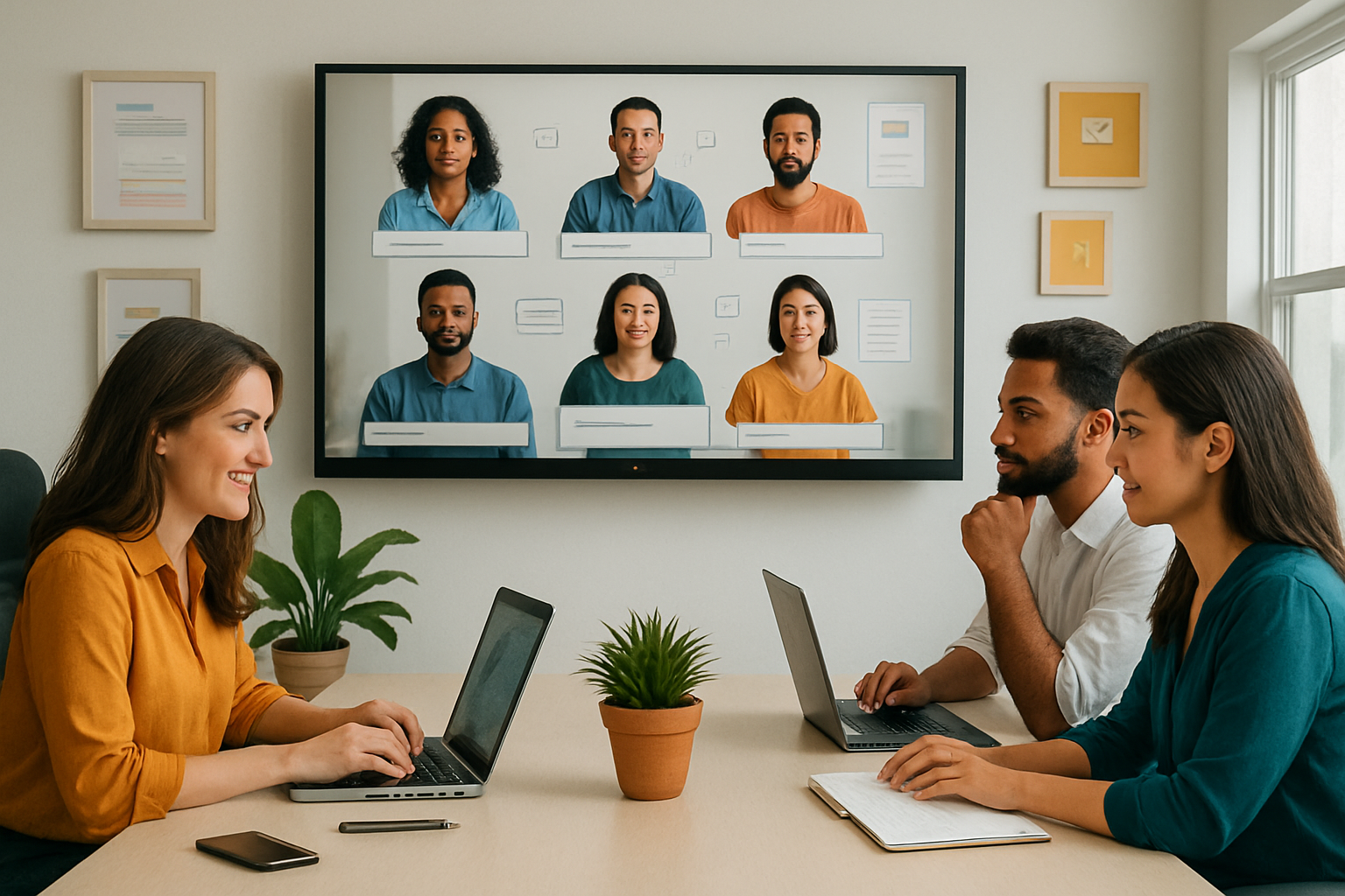 Team meeting in a conference room with a video call on a large screen showing nine diverse people.