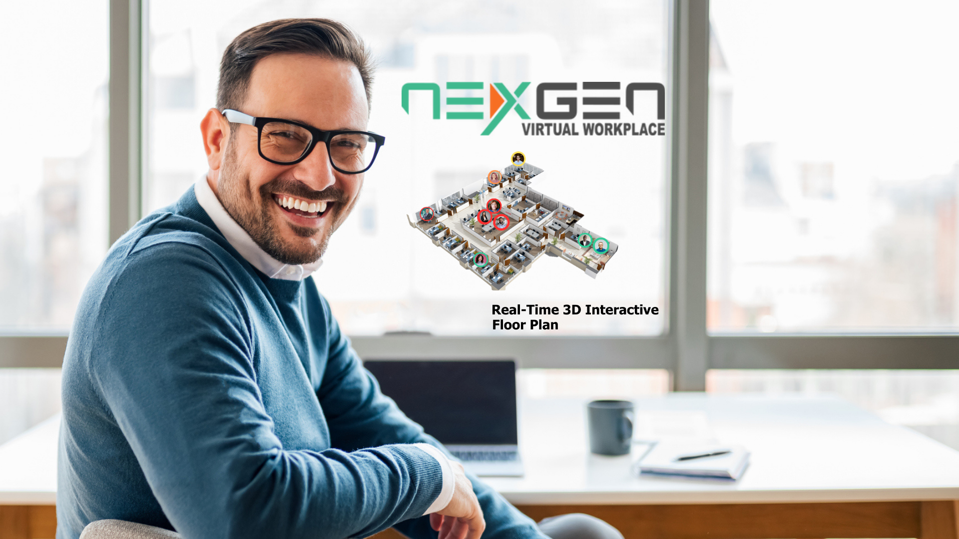 Infographic promoting NextGen virtual office technology, showing a 3D office layout with employee icons and a video conference screen with multiple participants, alongside a group of diverse professional headshots.