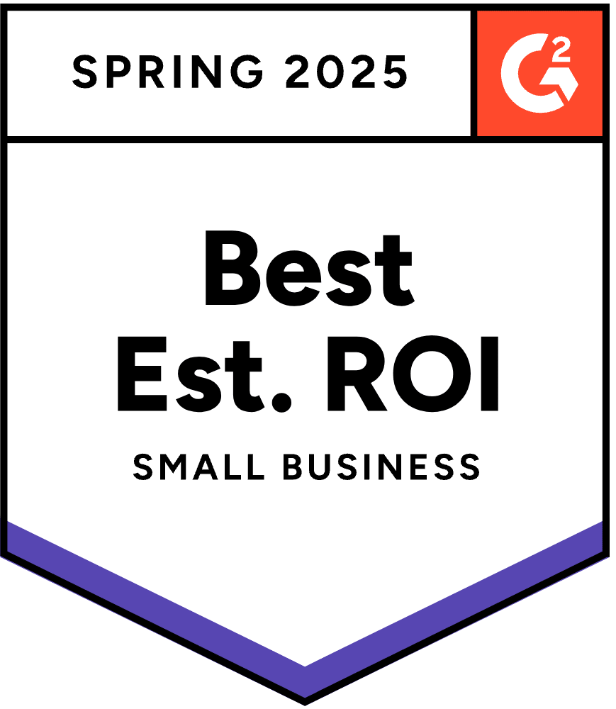 G2 Best ROI for Small Business Spring 2025 award for video conferencing and virtual office software.