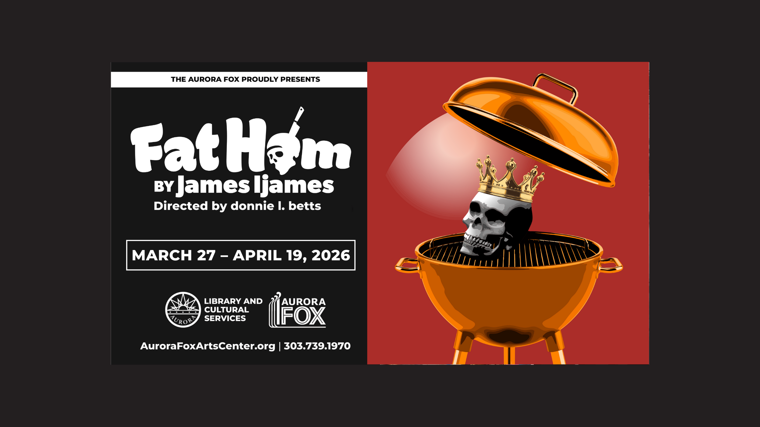Fat Ham show poster featuring skull on an open barbecue grill.