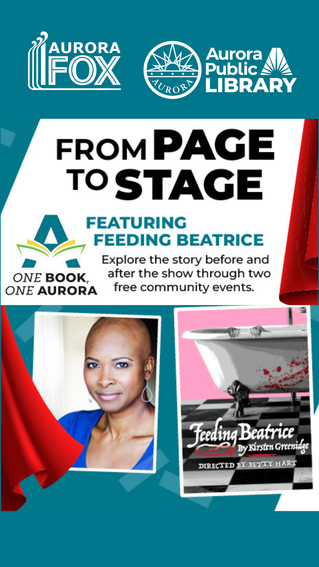 A poster for the play Feeding Beatrice with event information, a woman’s portrait, and a bathtub with hands gripping the rim.