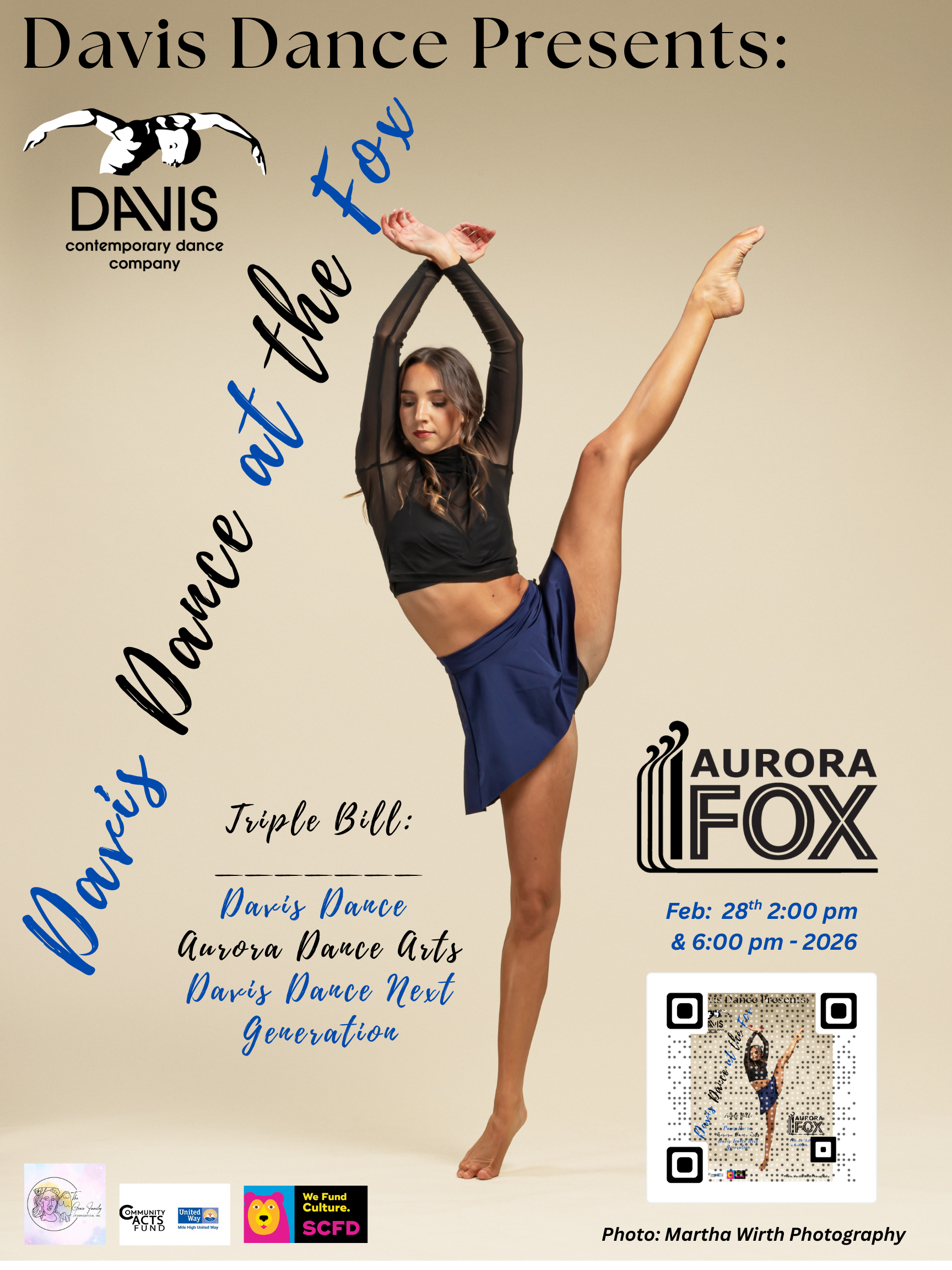 Poster for Davis Dance Presents featuring a dancer in a black top and blue skirt performing a high leg extension against a neutral background, with event details for a Feb. 28 performance at the Aurora Fox.