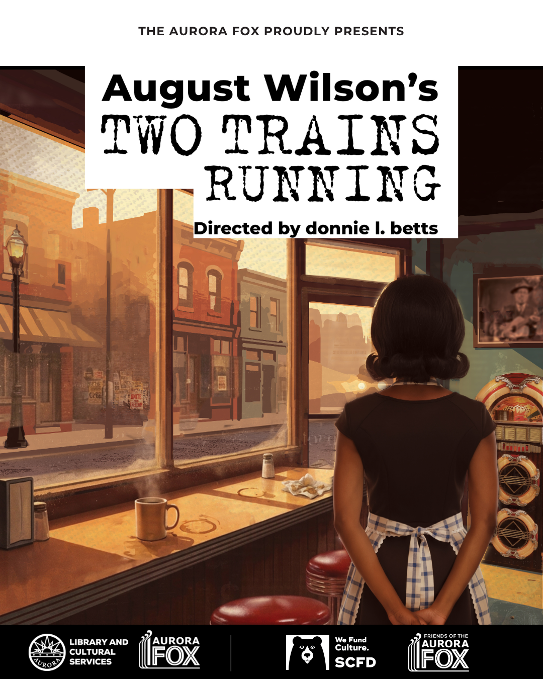 August Wilson’s “Two Trains Running” poster featuring a diner scene and a woman standing at the counter.