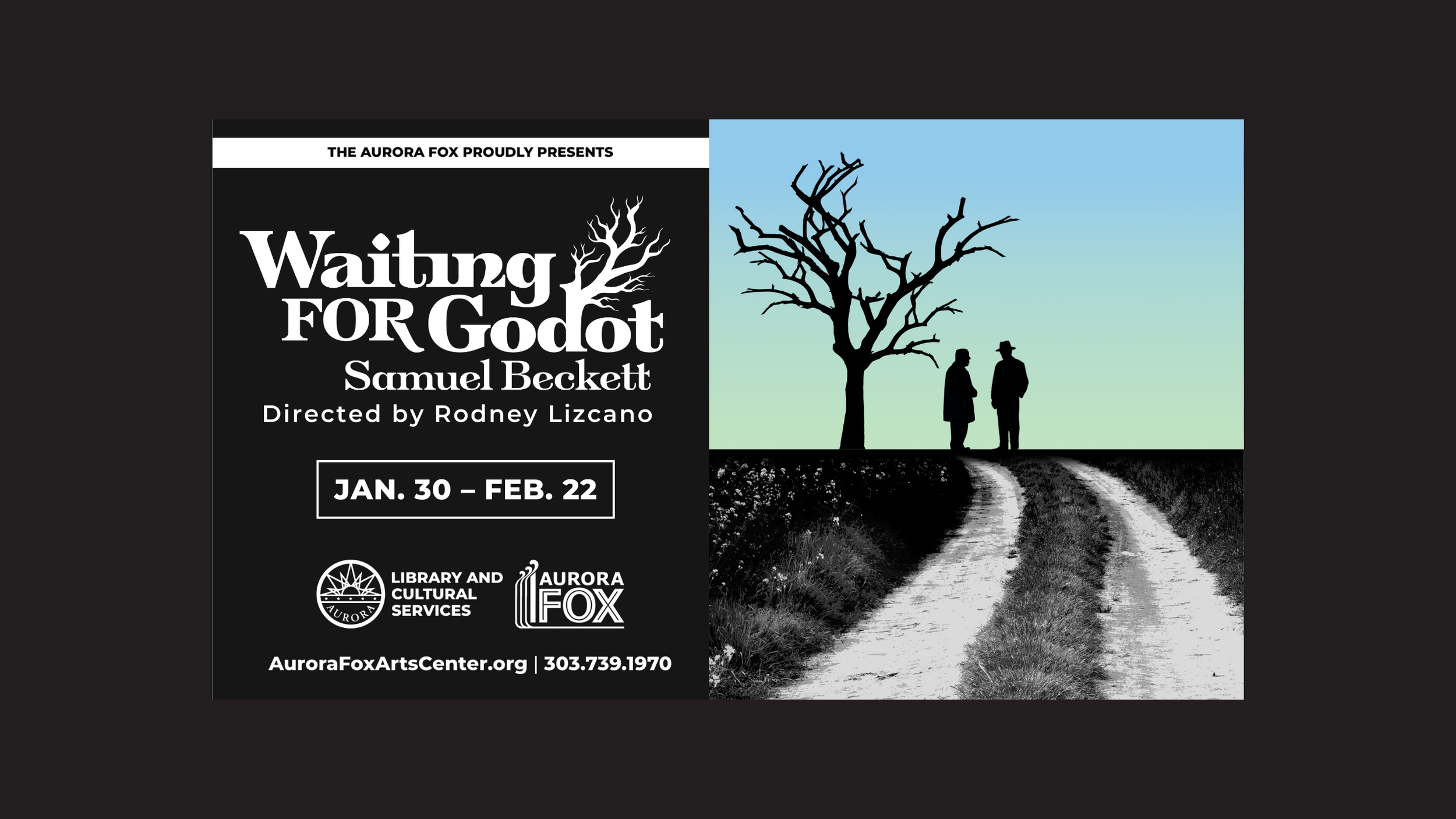 Waiting for Godot show poster. Two men standing by a tree. 
