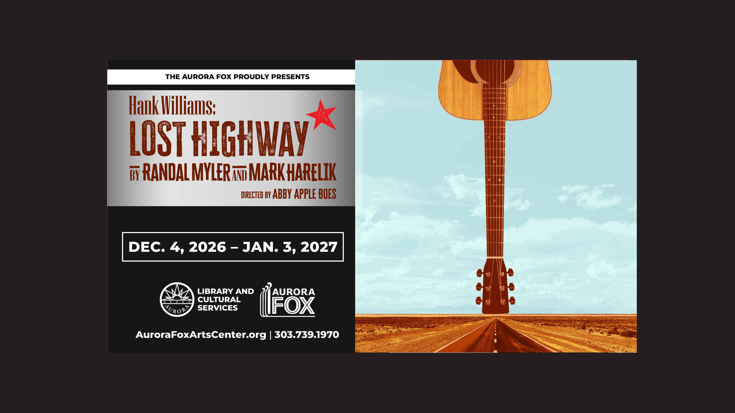 Lost Highway show poster featuring an upside down guitar that turns into a highway in the desert.  