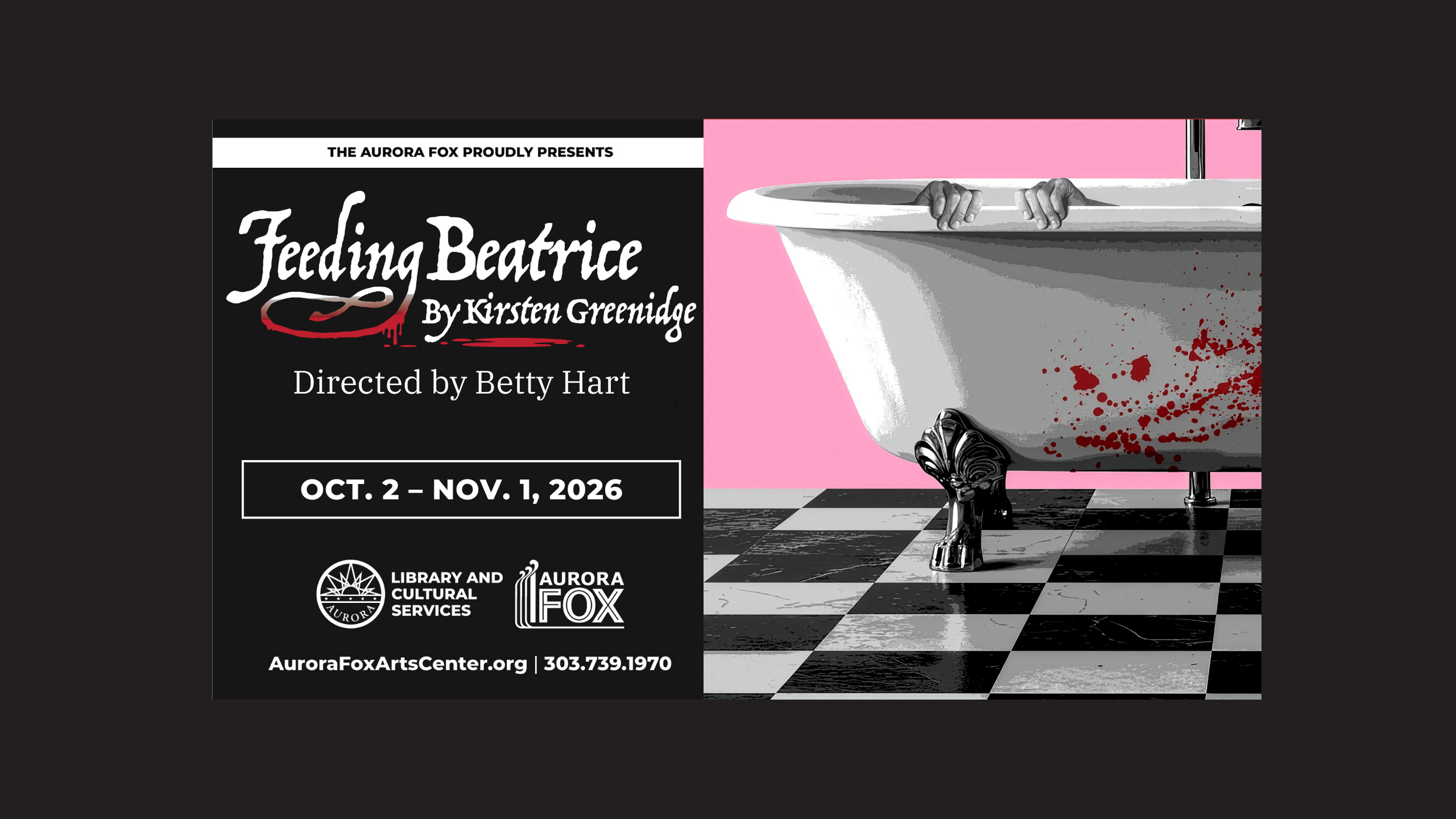 Feeding Beatrice show poster featuring a bathtub with hand holding the top and blood splattered on the bottom. 