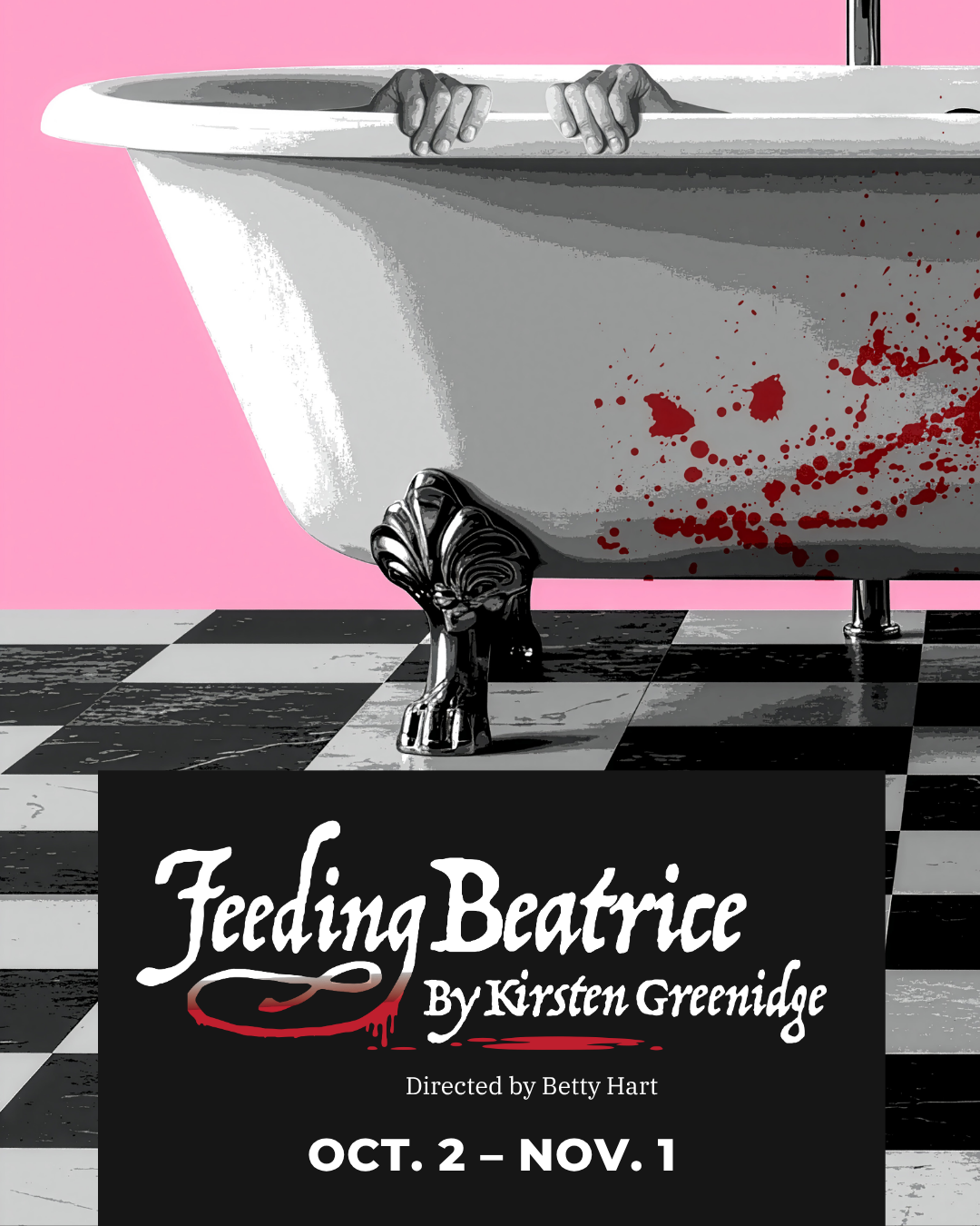 Promotional  graphic featuring a bathtub with hands gripping the edge, red splatter on the side, and “Feeding Beatrice” title on a black panel below.