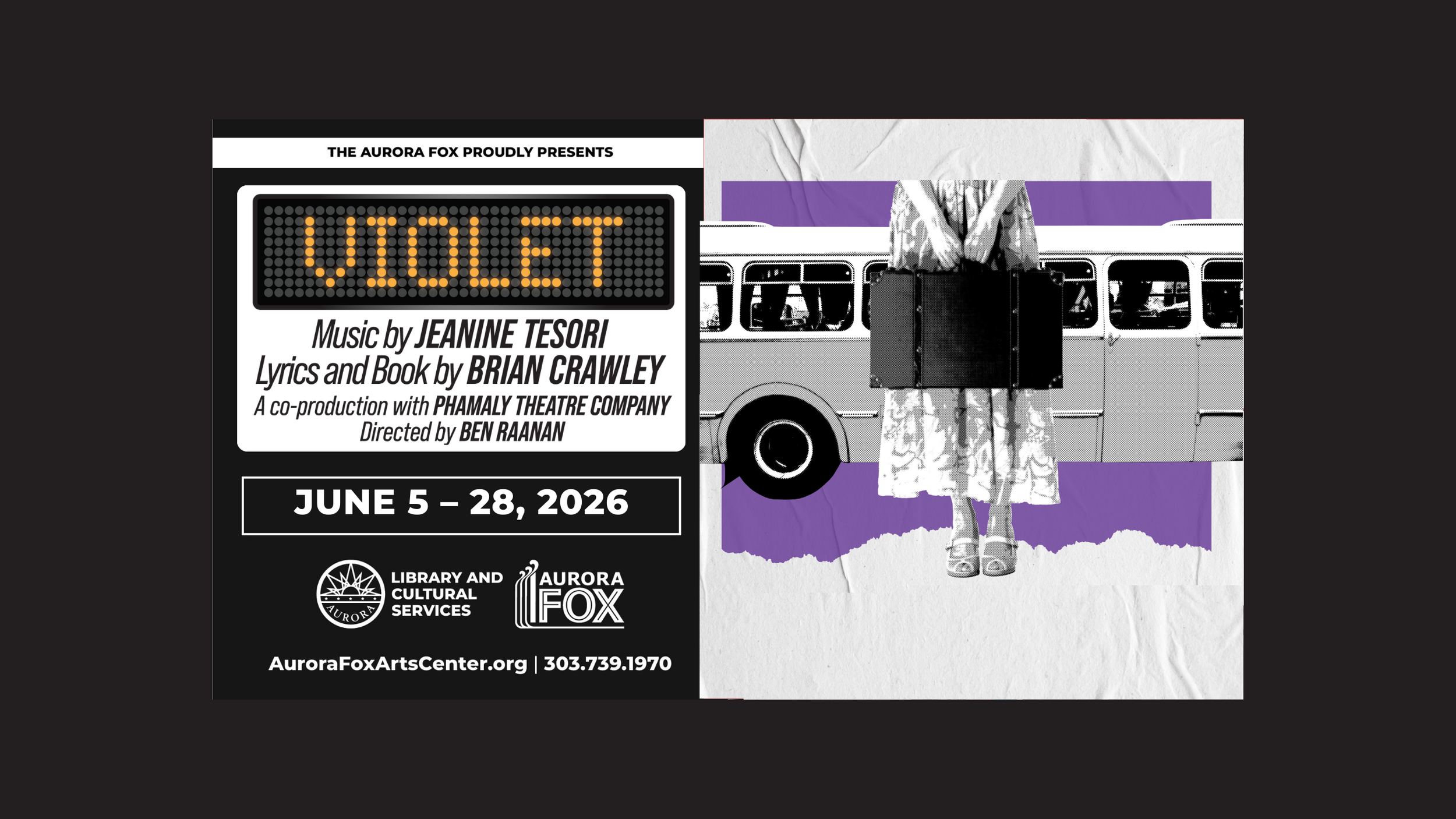 Violet show poster featuring a girl holding a suitcase in front of a bus.