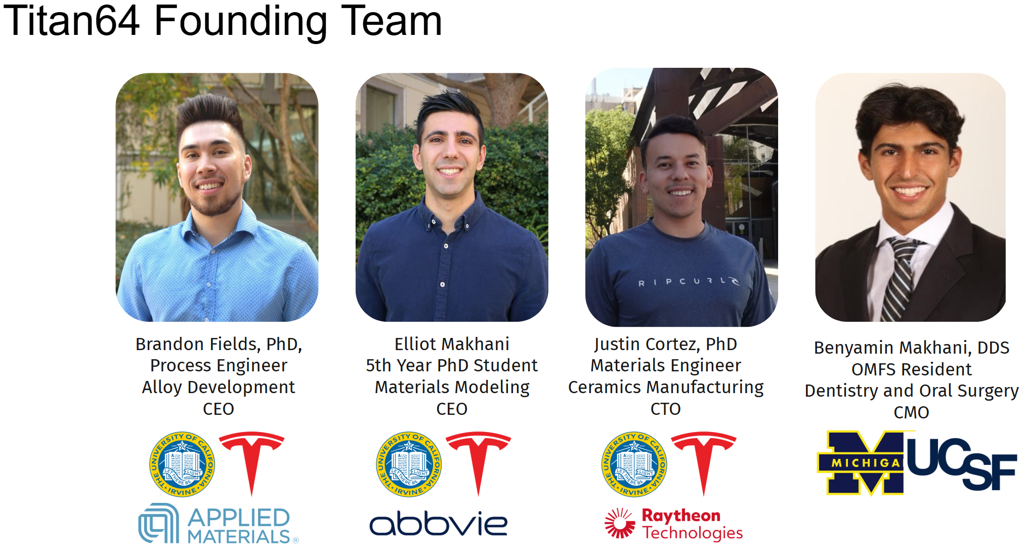 Photograph of four young men standing outdoors at the Titan64 founding team with their names, titles, and associated university logos. From left to right: Brandon Fields, a process engineer and CEO at alloy development, representing UC Irvine and Applied Materials; Elliot Makhani, a fifth-year PhD student in materials modeling and CEO, representing UC Irvine and Abbott; Justin Cortez, a materials engineer and CTO, representing UC Irvine and Raytheon Technologies; and Benjamin Makhani, a DDS OMFS resident and CMO, representing University of Michigan and UCSF.