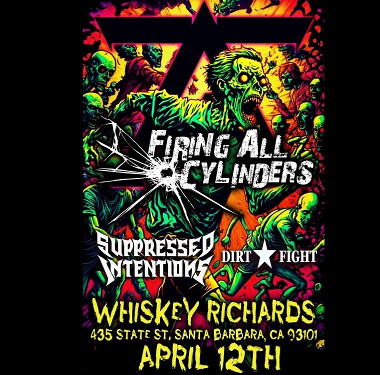 Friday April 12 we have an all star line up hitting the Whiskeys stage! Join us for a night featuring Firing All Cylinders, Suppressed Intentions, and Dirt Fight! Show starts at 9 pm, $5 cover, no cover before 8 pm! #WhiskeyRichards #DowntownSB #Magi