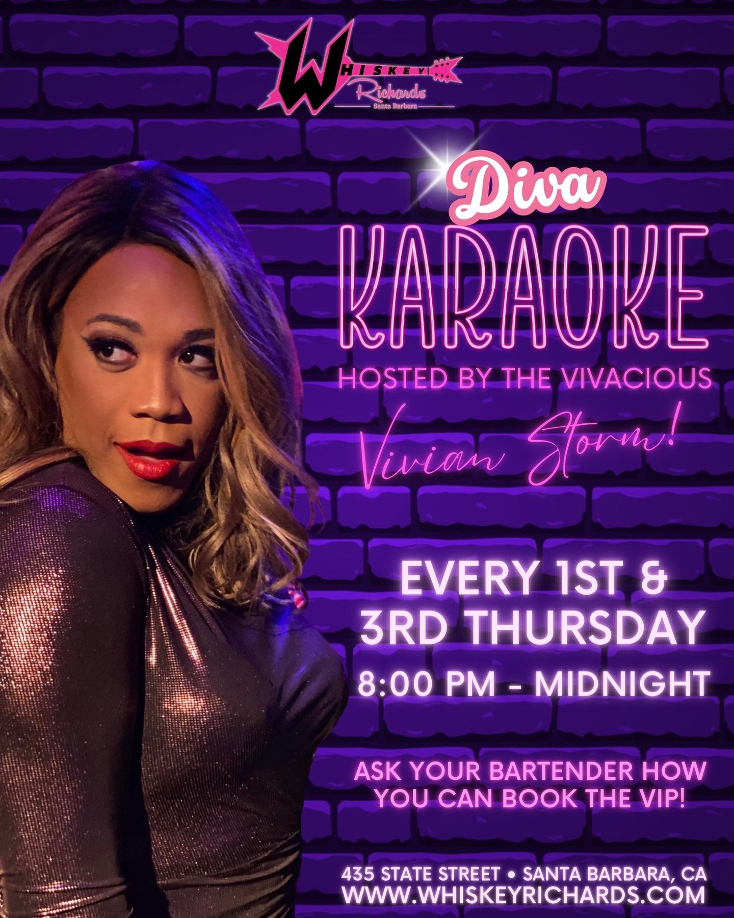 WhiskSHE Richards just got a bit more fabulous&hellip; Diva Karaoke will now be hosted twice a month, starting Thursday at 9 pm! Get ready to unleash your inner diva at Diva Karaoke hosted by the fabulous Vivian Storm! Join us at Whiskey Richards for