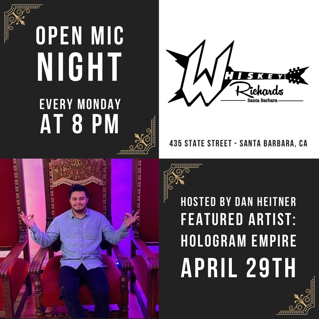 Spotlight on you! Join us for Open Mic Night at Whiskey Richards, where talent shines, friendships grow, and music fills the air! Monday&rsquo;s featured artist is Hologram Empire! #OpenMicNight #LiveMusic #MagicMoments #SantaBarbara #WhiskeyRichards