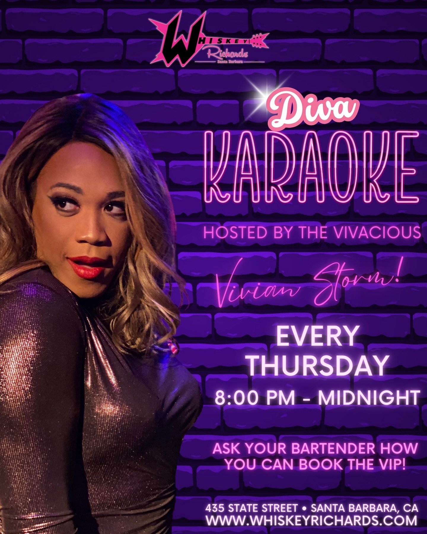 Is it possible?! WhiskSHE Richards got EVEN MORE fabulous?! Diva Karaoke will now be hosted EVERY THURSDAY, starting TONIGHT at 9 pm! Get ready to unleash your inner diva at Diva Karaoke hosted by the fabulous Vivian Storm! Join us at Whiskey Richard